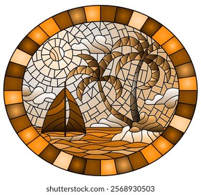 Illustration in stained glass style with a tropical sea landscape, coconut trees  on the sandy beach and a ship , oval image in frame, tone brown