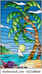 Illustration in stained glass style with a tropical sea, landscape, coconut trees and shells on the sandy beach, a sailboat with a white sail in the distance on the background of Sunny sky and clouds