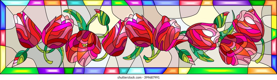 Illustration in stained glass style with tulips, buds and leaves on a blue background