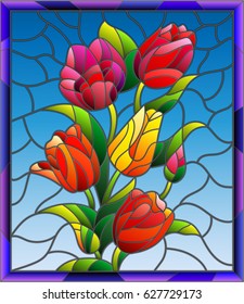 Illustration in stained glass style with tulips, buds and leaves on a blue background in a bright frame