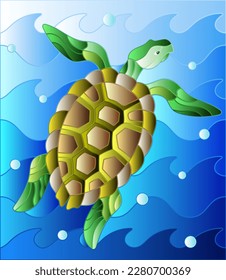 Illustration in stained glass style turtle into the waves and bubbles of air 