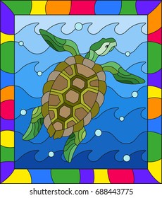 Illustration in stained glass style turtle into the waves and bubbles of air in a bright frame