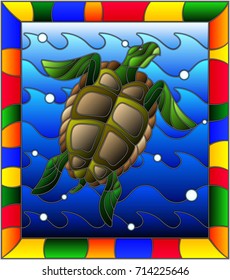 Illustration in stained glass style turtle into the waves and bubbles of air in a bright frame