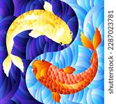 Illustration in stained glass style with two fishes on the background of water in the form of the Yin Yang sign, square image