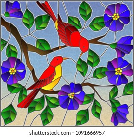 Illustration in stained glass style with two two bright red birds on the branches of blooming wild rose on a background sky