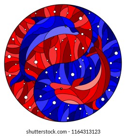 Illustration in stained glass style with two dolphins on the background of water and air bubbles in the form of the Yin Yang sign