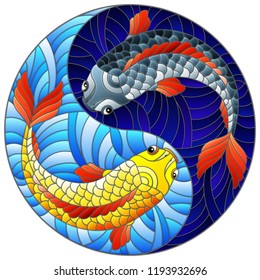 Illustration in stained glass style with two fishes on the background of water  in the form of the Yin Yang sign