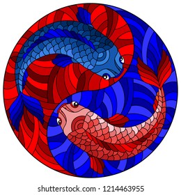 Illustration in stained glass style with two fishes on the background of water  in the form of the Yin Yang sign