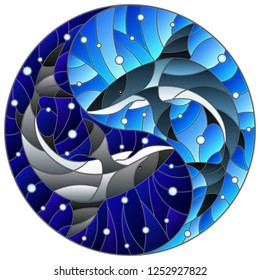 Illustration in stained glass style with two sharks on the background of water and air bubbles in the form of the Yin Yang sign