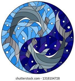 Illustration in stained glass style with two hammerheads on the background of water and air bubbles in the form of the Yin Yang sign
