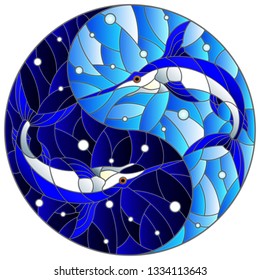 Illustration in stained glass style with two swordfishes on the background of water and air bubbles in the form of the Yin Yang sign