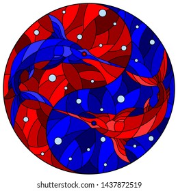 Illustration in stained glass style with two swordfishes on the background of water and air bubbles in the form of the Yin Yang sign