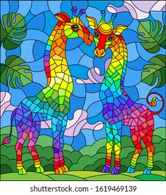 Illustration in stained glass style with two rainbow abstract giraffes on a background of green and sky