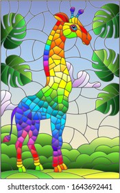 Illustration in stained glass style with two rainbow abstract giraffe on a background of green and sky