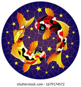 Illustration in stained glass style with two koi carp fish on a blue background with stars, round image