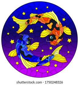 Illustration in stained glass style with two koi carp fish on a blue background with stars, round image