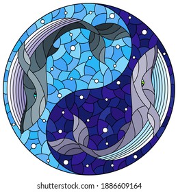 Illustration in stained glass style with two whales on the background of water  in the form of the Yin Yang sign, round image