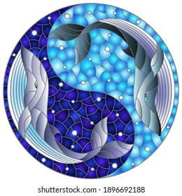 Illustration in stained glass style with two whales on the background of water  in the form of the Yin Yang sign, round image