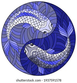 Illustration in stained glass style with two fishes in the form of the Yin Yang sign, round image, tone blue