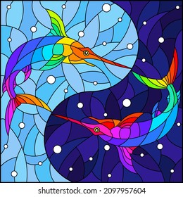 Illustration in stained glass style with two swordfishes on the background of water and air bubbles, square image