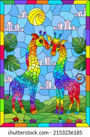 Illustration in stained glass style with two rainbow abstract giraffes on a background of green and sky in a bright frame