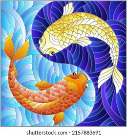 Illustration in stained glass style with two fishes on the background of water in the form of the Yin Yang sign, square image