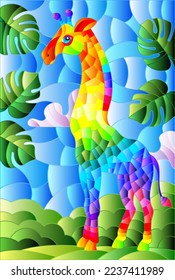 Illustration in stained glass style with two rainbow abstract giraffe on a background of green and sky