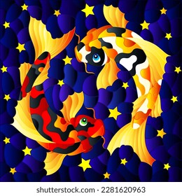 Illustration in stained glass style with two koi carp fish on a blue background with stars