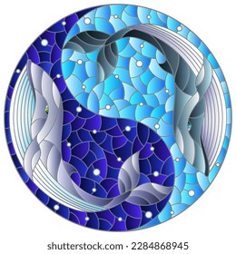 Illustration in stained glass style with two whales on the background of water  in the form of the Yin Yang sign, round image