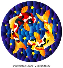 Illustration in stained glass style with two koi carp fish on a blue background with stars, round image