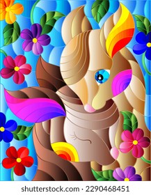 Illustration in stained glass style with two fawns on a background of bright flowers and the sky