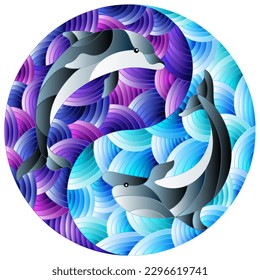 Illustration in stained glass style with two dolphins on the background of water  in the form of the Yin Yang sign, round image