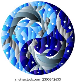 Illustration in stained glass style with two hammerheads on the background of water and air bubbles in the form of the Yin Yang sign