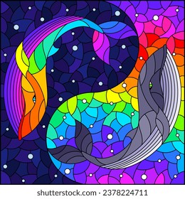 Illustration in stained glass style with two whales on the background of water  in the form of the Yin Yang sign