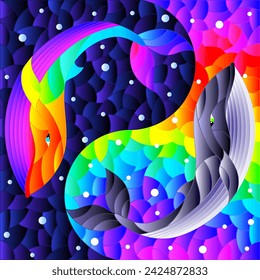 Illustration in stained glass style with two whales on the background of water  in the form of the Yin Yang sign
