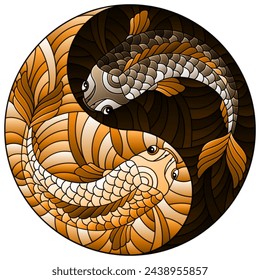 Illustration in stained glass style with two fishes in the form of the Yin Yang sign, round image, tone brown 