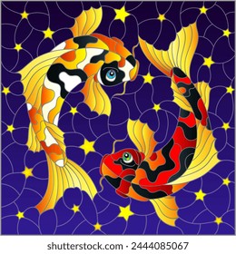 Illustration in stained glass style with two koi carp fish on a blue background with stars