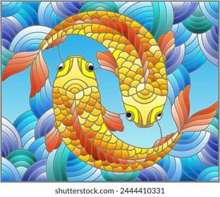 Illustration in stained glass style with two fishes on the background of water in the form of the Yin Yang sign, square image