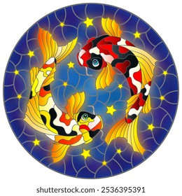 Illustration in stained glass style with two koi carp fish on a blue background with stars, round image