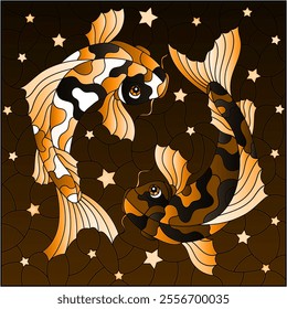 Illustration in stained glass style with two koi carp fish on a water background with stars, tone brown