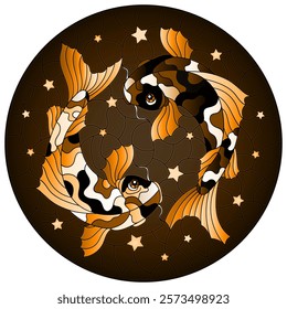 Illustration in stained glass style with two koi carp fish on a sky background with stars, round image, tone brown