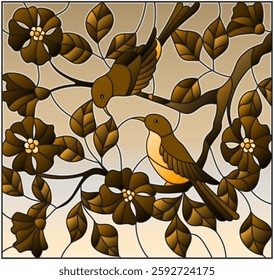 Illustration in stained glass style with two two birds on the branches of blooming wild rose on a background sky, tone brown