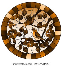 Illustration in stained glass style with two two birds on the branches of blooming wild rose on a background sky,oval image in frame, tone brown