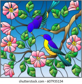 Illustration in stained glass style with two two bright birds on the branches of blooming wild rose on a background sky