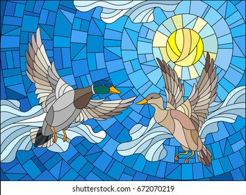 Illustration in stained glass style with two ducks on the background of sky, sun and clouds