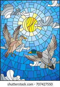 Illustration in stained glass style with two ducks on the background of sky, sun and clouds