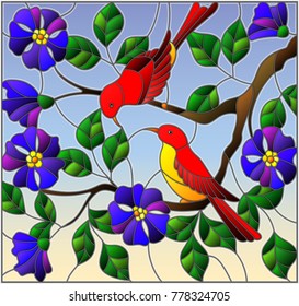 Illustration in stained glass style with two two bright red birds on the branches of blooming wild rose on a background sky