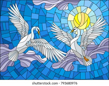 Illustration in stained glass style with two Swans on the background of sky, sun and clouds