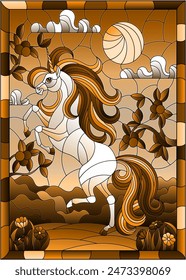 Ilustración en estilo vitral con un unicornio sobre el fondo de manzanos, cielo nublado y sol, tono marrón