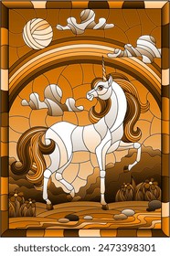 Ilustración en estilo vitral con un unicornio sobre el fondo de un arroyo, cielo nublado con arco iris y sol, tono marrón